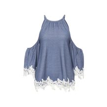 LOST INK  CROCHET TRIM DENIM LOOK COLD SHOULDER